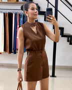 Conjunto Crepe Blusa com Gola e Shorts